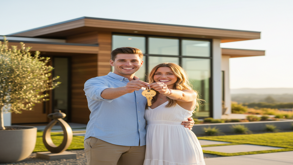 Un couple souriant étudiant un contrat de crédit immobilier pour leur nouvelle maison.